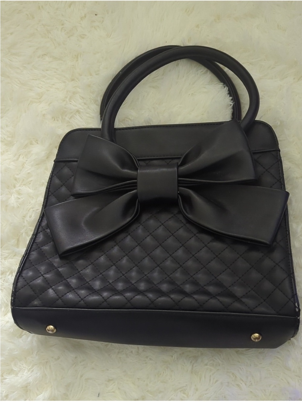 Quilted Bow Accent Black Satchel Handbag